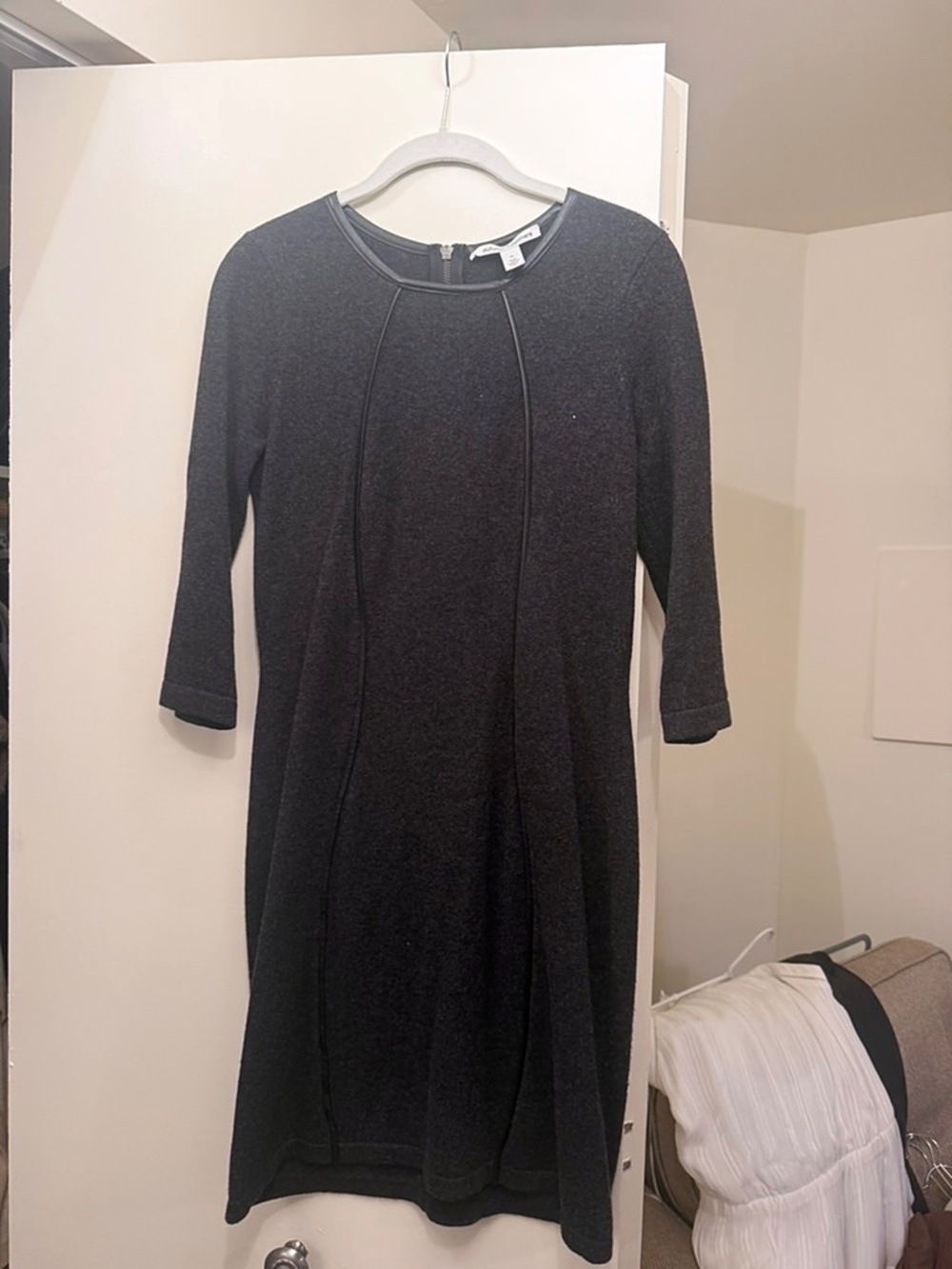 Autum Cashmere Dress Sz M Charcoal Grey w Black Leather Trim
